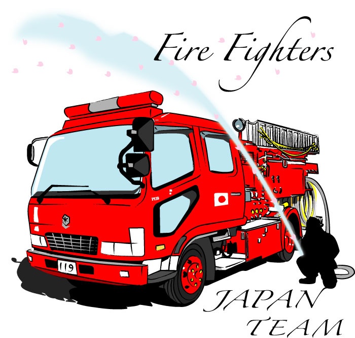 和調デザインの消防車と消防士のイラスト
